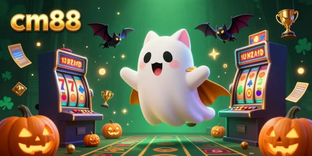 Experience the cm88 excitement with a glowing ghost cat and casino elements in a haunted mansion.