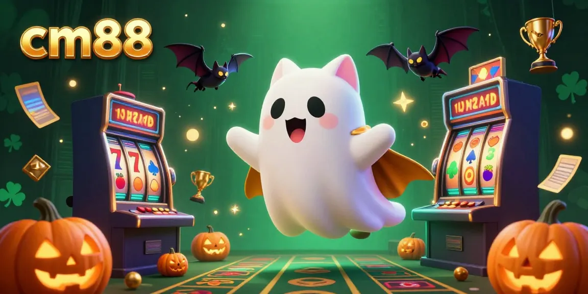Experience the cm88 excitement with a glowing ghost cat and casino elements in a haunted mansion.