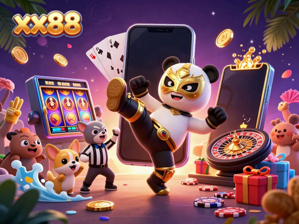 Experience the excitement of xx88 with a dynamic casino illustration featuring a panda and chihuahua.