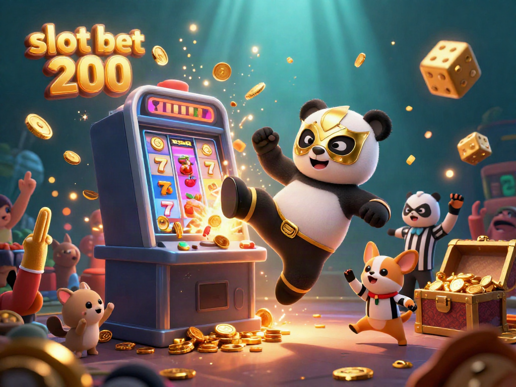 Engage in fun with slot bet 200 as a panda wrestler flies through a jackpot-filled scene with excited animal spectators.