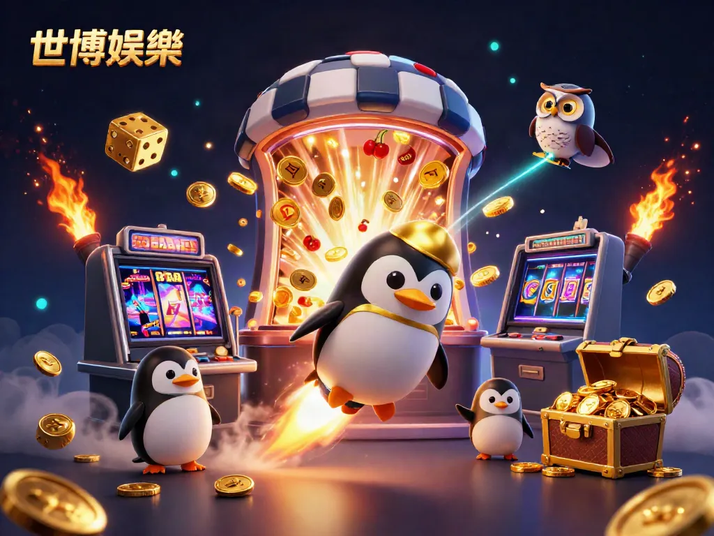 世博娱乐的3D插图，展示金色企鹅火箭穿越太空，带来丰富的娱乐体验。