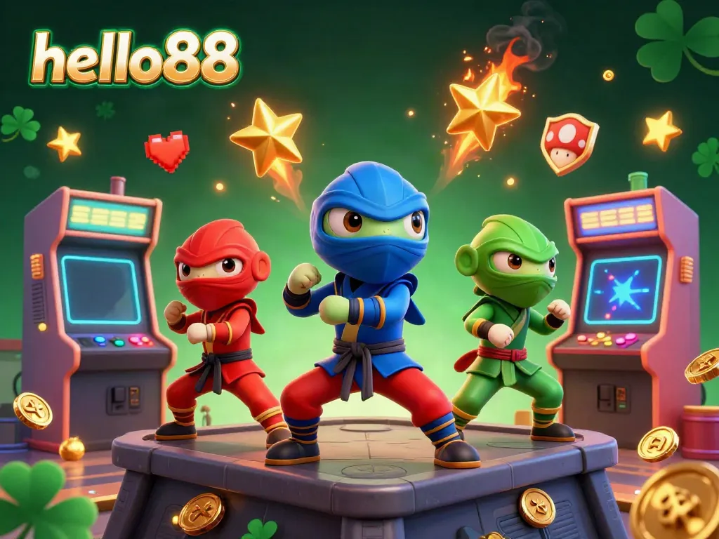 Experience exhilarating gaming action with hello88 as ninja chameleons engage in vibrant martial arts in a rich casino arcade.
