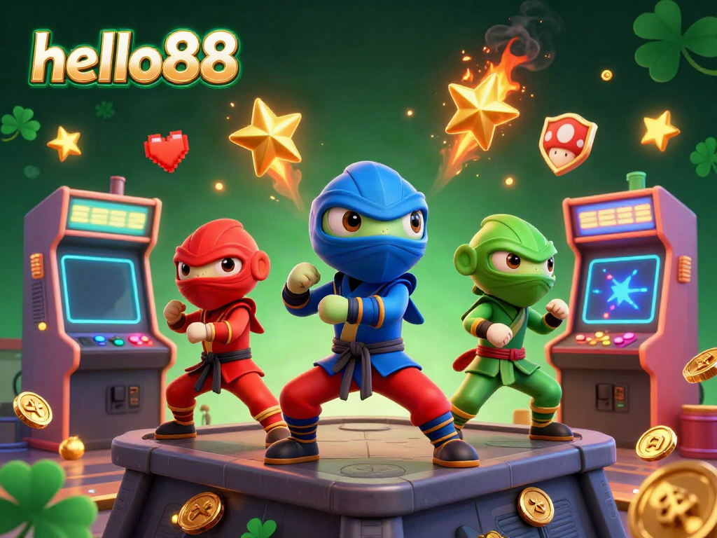 Experience exhilarating gaming action with hello88 as ninja chameleons engage in vibrant martial arts in a rich casino arcade.