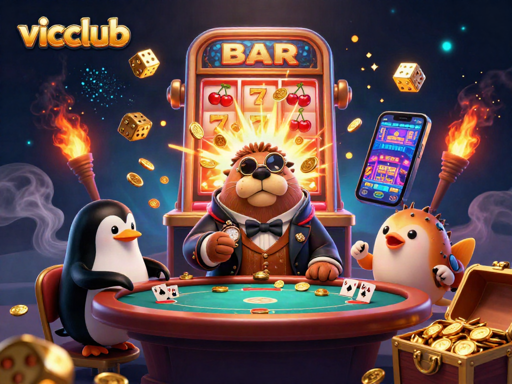 Join the fun at vicclub with a walrus, penguin, and pufferfish playing poker underwater!