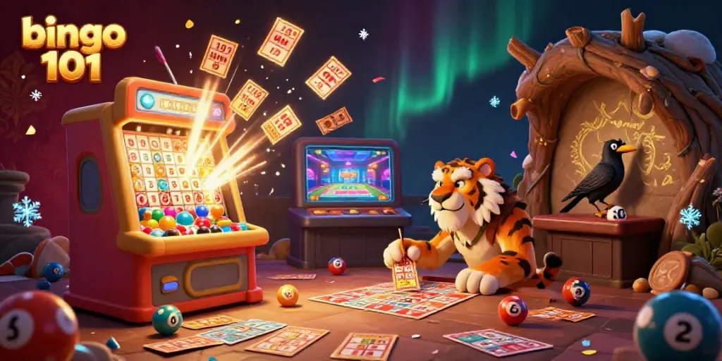 Experience excitement with bingo 101 in this vibrant 3D casino illustration featuring lively characters and gaming elements.