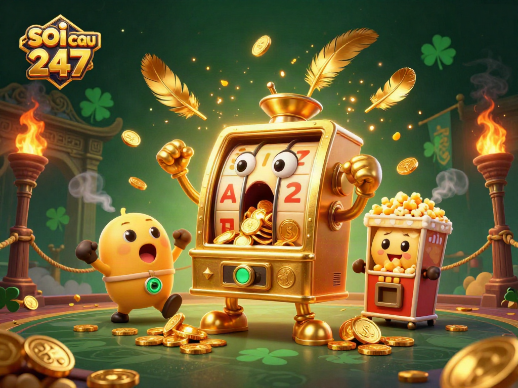 Soi cau 247 slot machine hits jackpot showering coins with baby machines cheering.