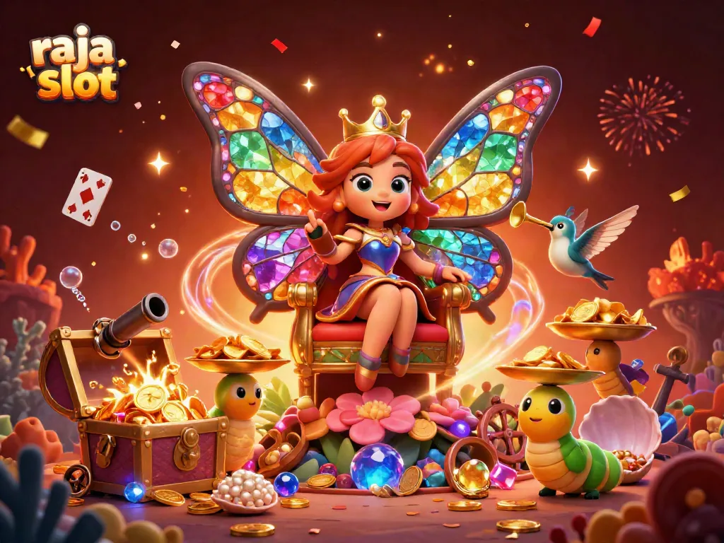 Memenangkan permainan di raja slot dengan ilustrasi kasino 3D penuh warna dan elemen berkilau