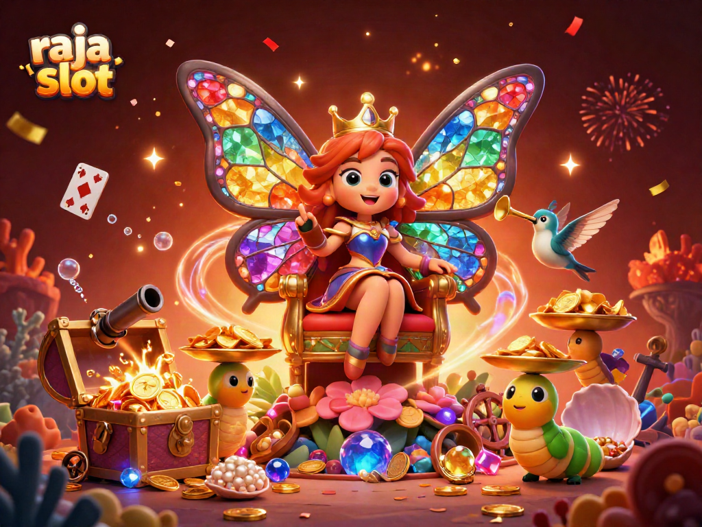 Memenangkan permainan di raja slot dengan ilustrasi kasino 3D penuh warna dan elemen berkilau