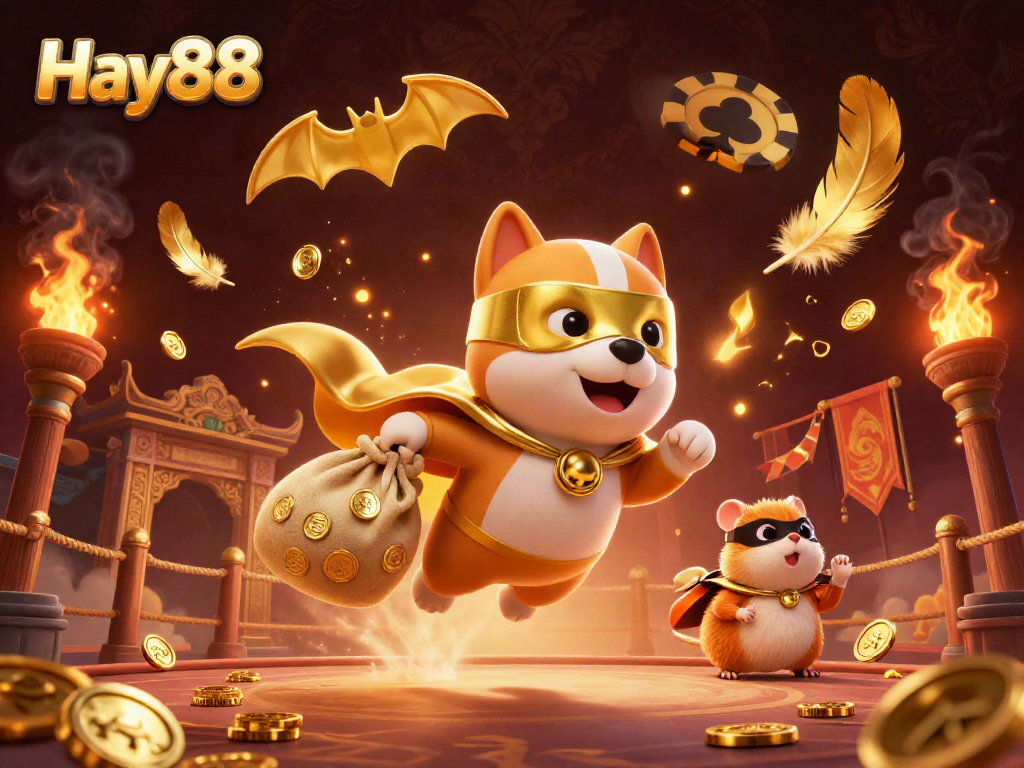 Hay88 superhero dog flies through a vibrant casino-themed world, bringing excitement and fortune.