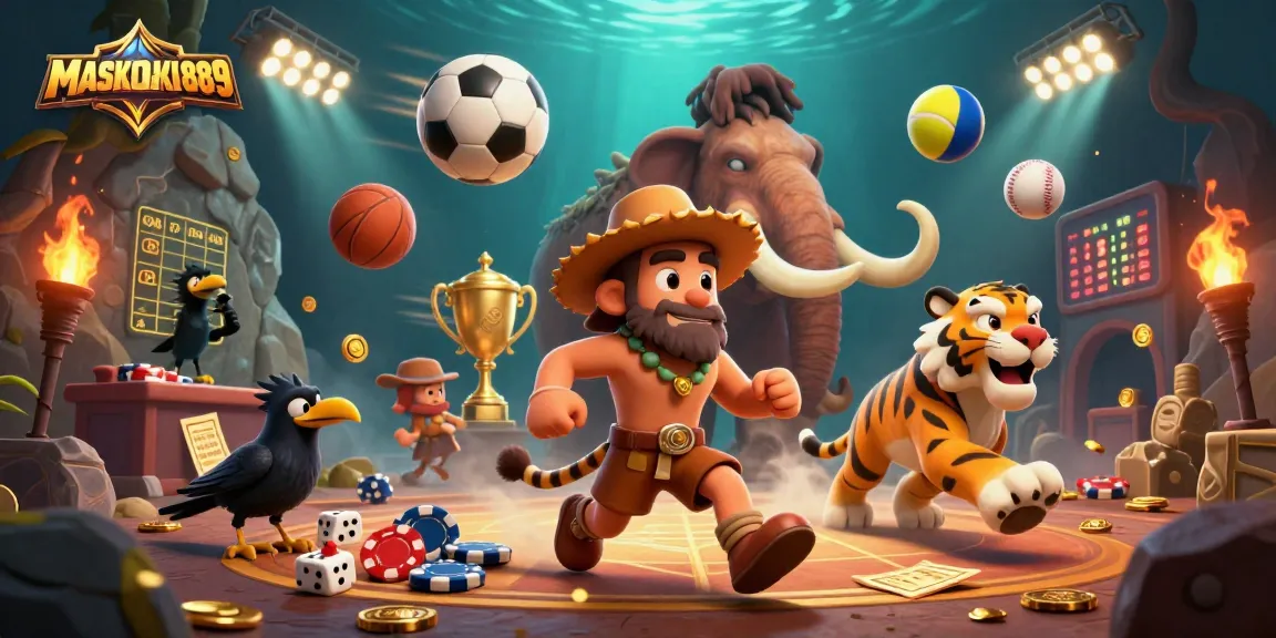 Engage with MASKOKI889 in a vibrant, prehistoric casino scene featuring stone poker elements and dynamic sports betting.