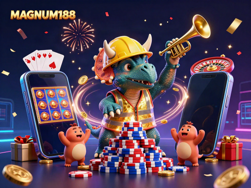Celebrate with MAGNUM188 as a triceratops builds a poker chip pyramid amid festive slot games.