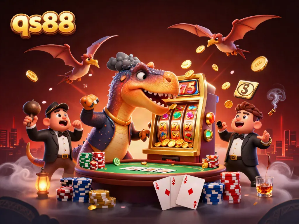 qs88 jackpot celebration with dinosaurs hitting a slot machine for coins