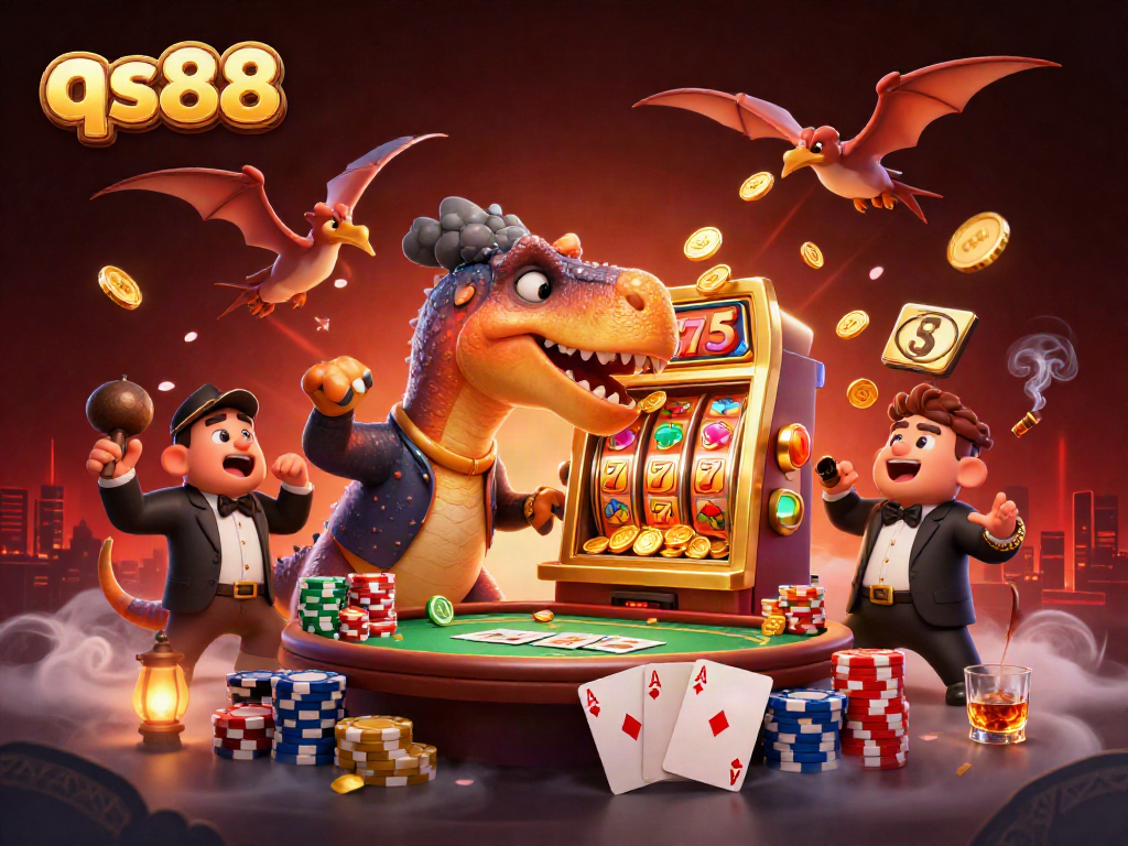 qs88 jackpot celebration with dinosaurs hitting a slot machine for coins