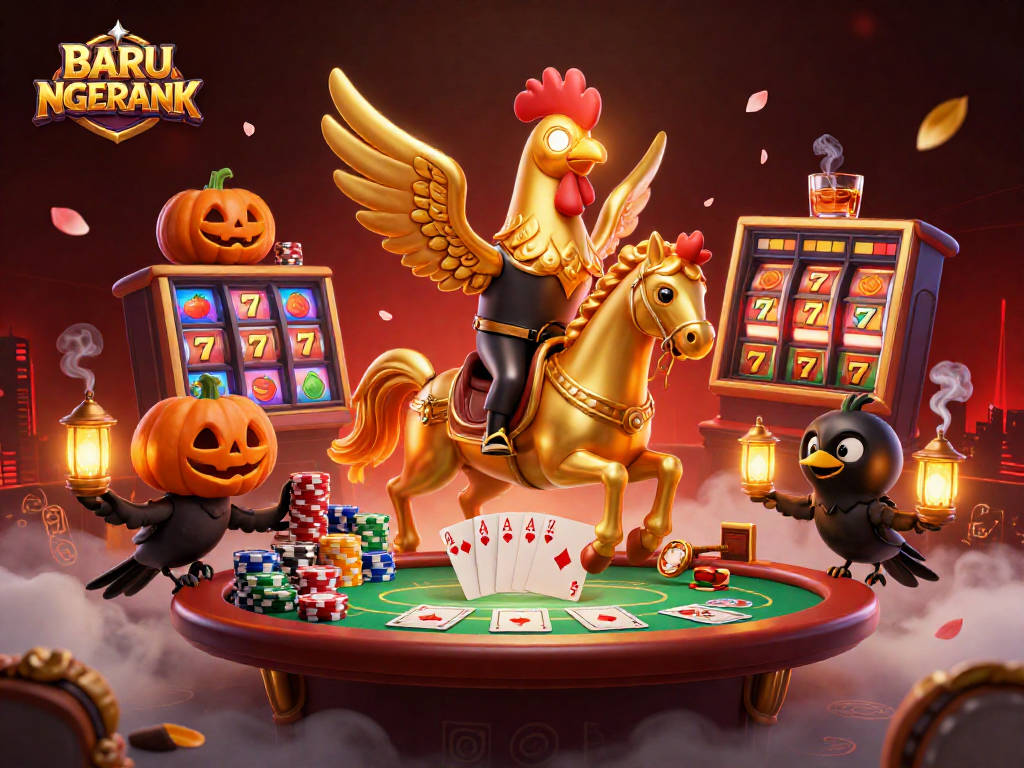 Join the thrilling casino action with BARU NGERANK - a vibrant 3D illustration of a golden rooster and friends amidst games and vibrant slot reels.