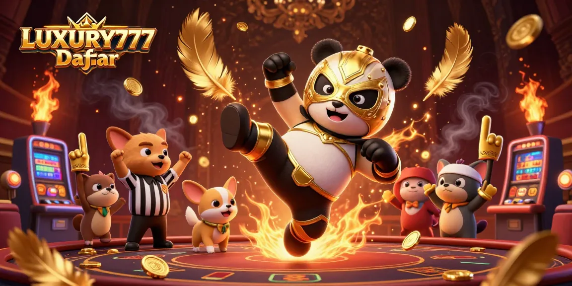 Gambarlah LUXURY777 Daftar dengan panda pegulat dan chihuahua wasit dalam arena kasino yang meriah.