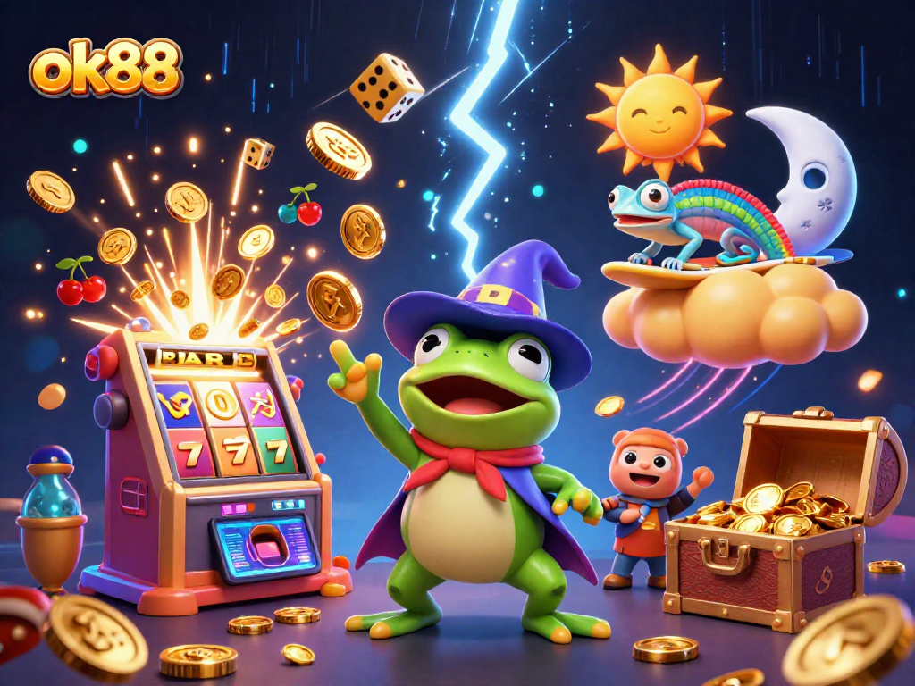Experience the thrill of gaming at ok88 with vibrant characters and casino elements bursting with excitement.