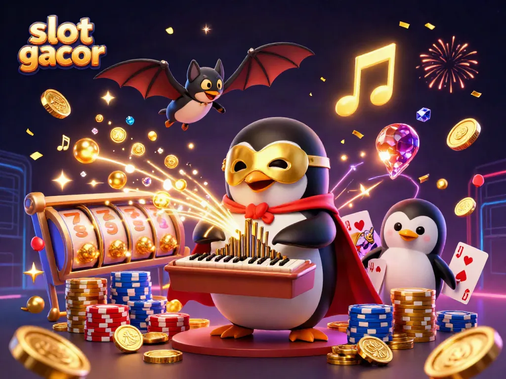 Experience the thrill of slot gacor with a vibrant 3D casino scene featuring a magical penguin and dynamic gameplay.