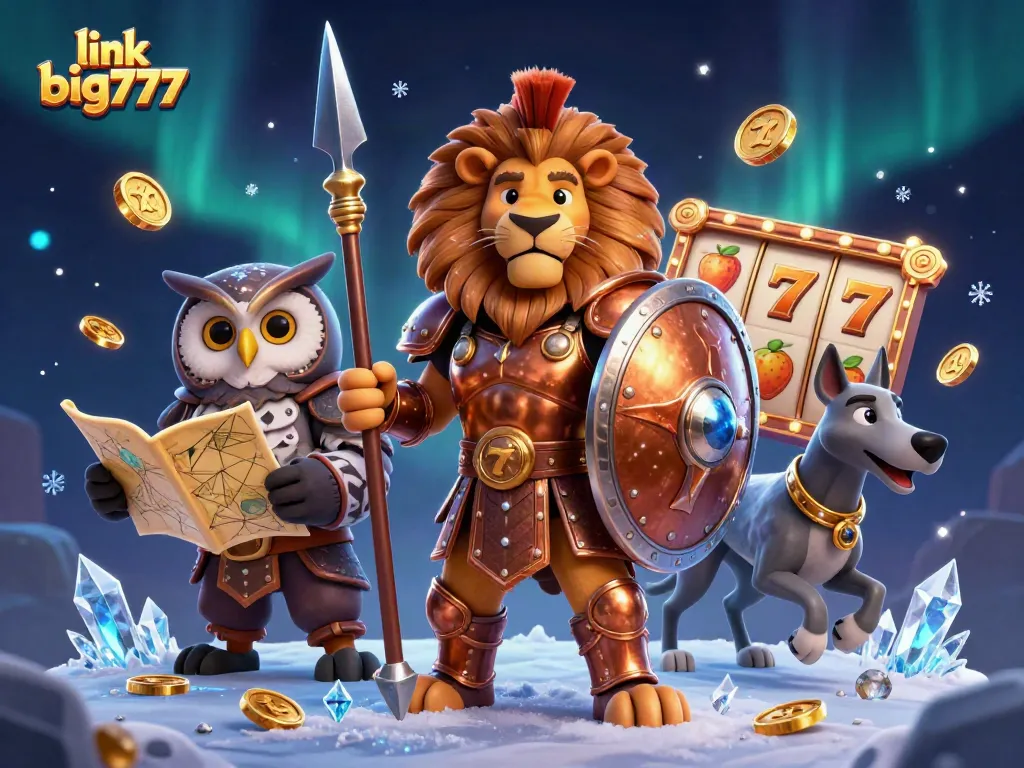 Spin the reels with link big777, featuring a heroic lion, wise owl, and swift greyhound in a vibrant casino scene.