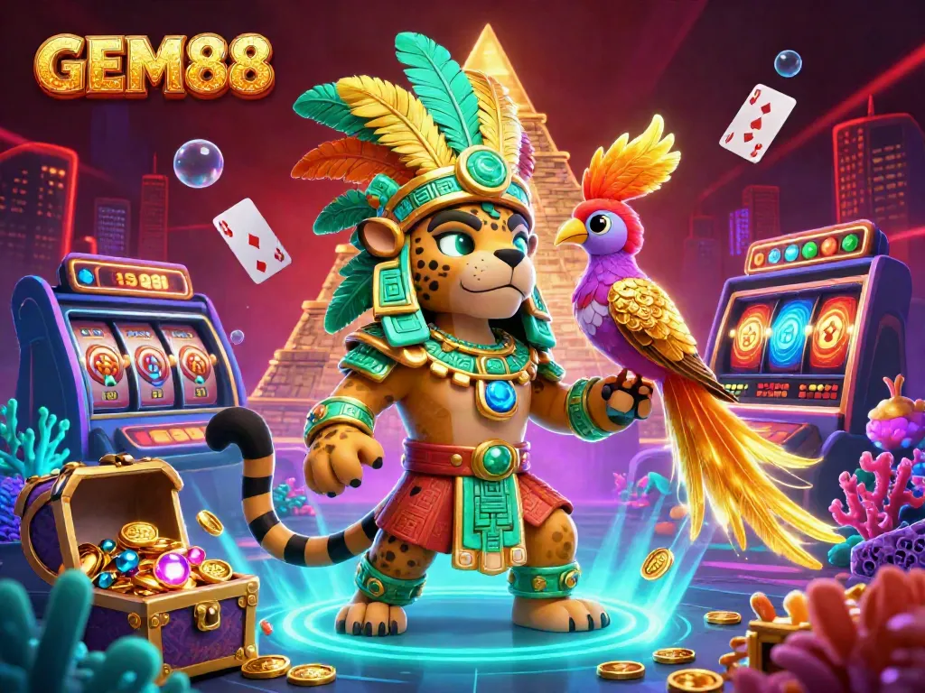 Experience GEM88's vibrant online casino scene featuring a Mayan priest, treasures, and slot elements.