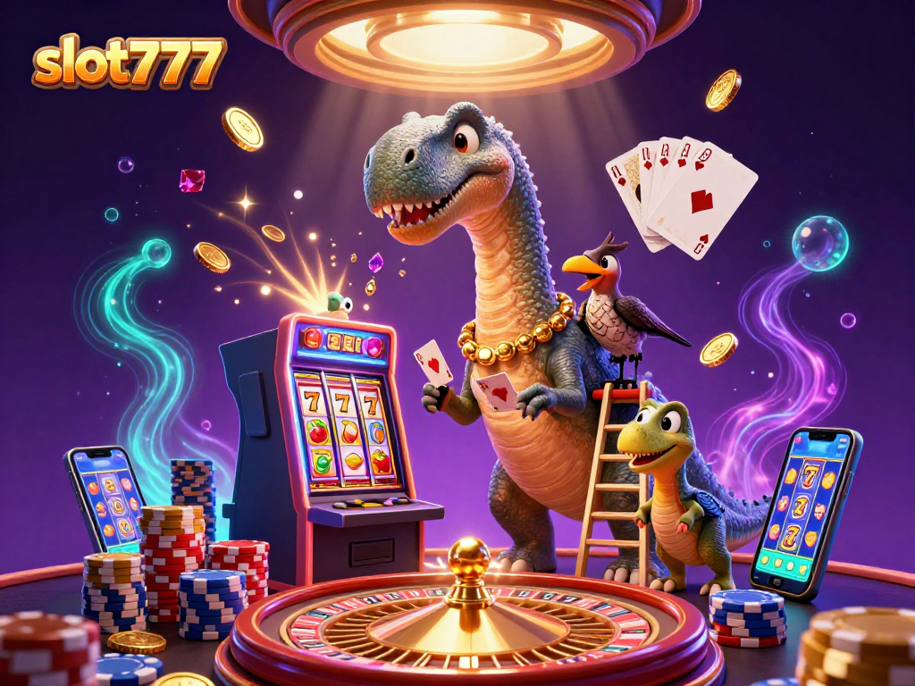 Experience the excitement of slot777 with a whimsical brontosaurus and dazzling casino elements.