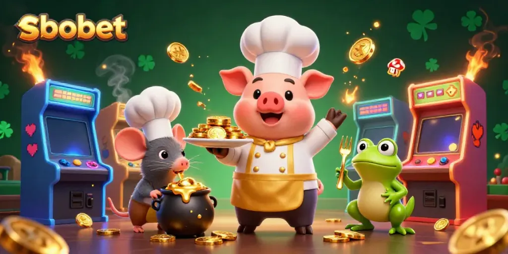 SboBet enhances the scene with a chef pig serving gold coins, dynamic game elements, and vibrant energy.