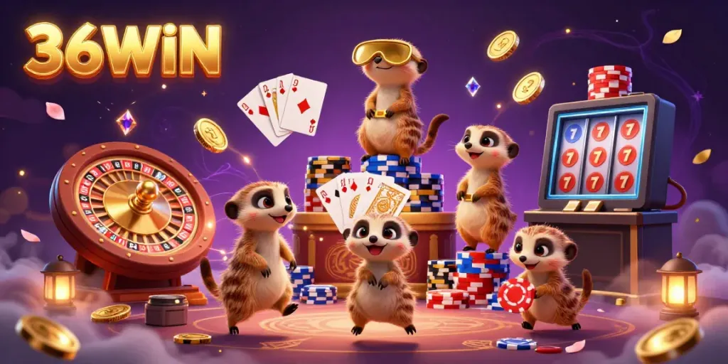 Witness the excitement at 36WIN with meerkats running a vibrant casino featuring cascading coins, gemstones, and a spinning roulette wheel.