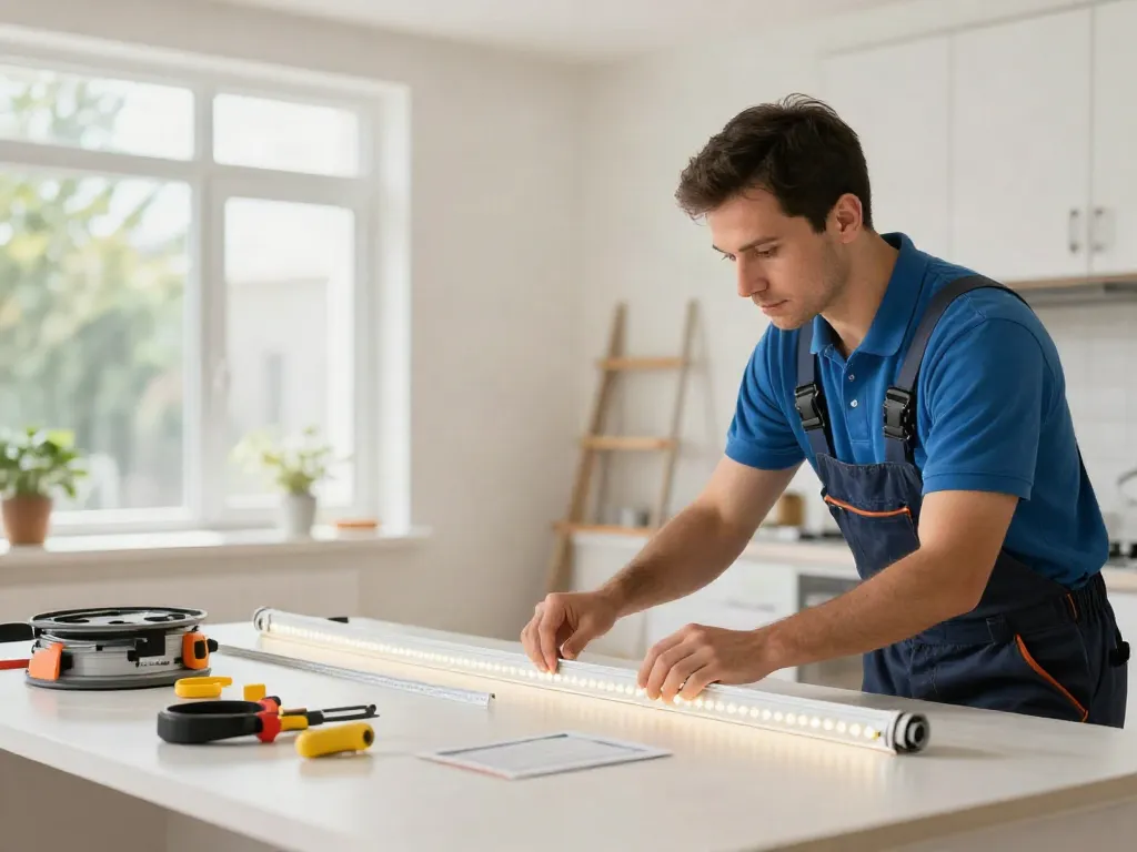 Expert instalator verificând benzi LED la un serviciu de iluminat de încredere din comunitate.