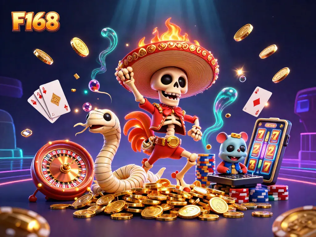 Engage with F168, celebrating wins amidst golden coins and exciting casino elements.