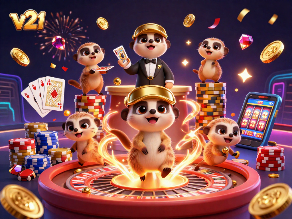 Meerkat v21 menjalankan operasi kasino yang ramai dengan efek koin emas.
