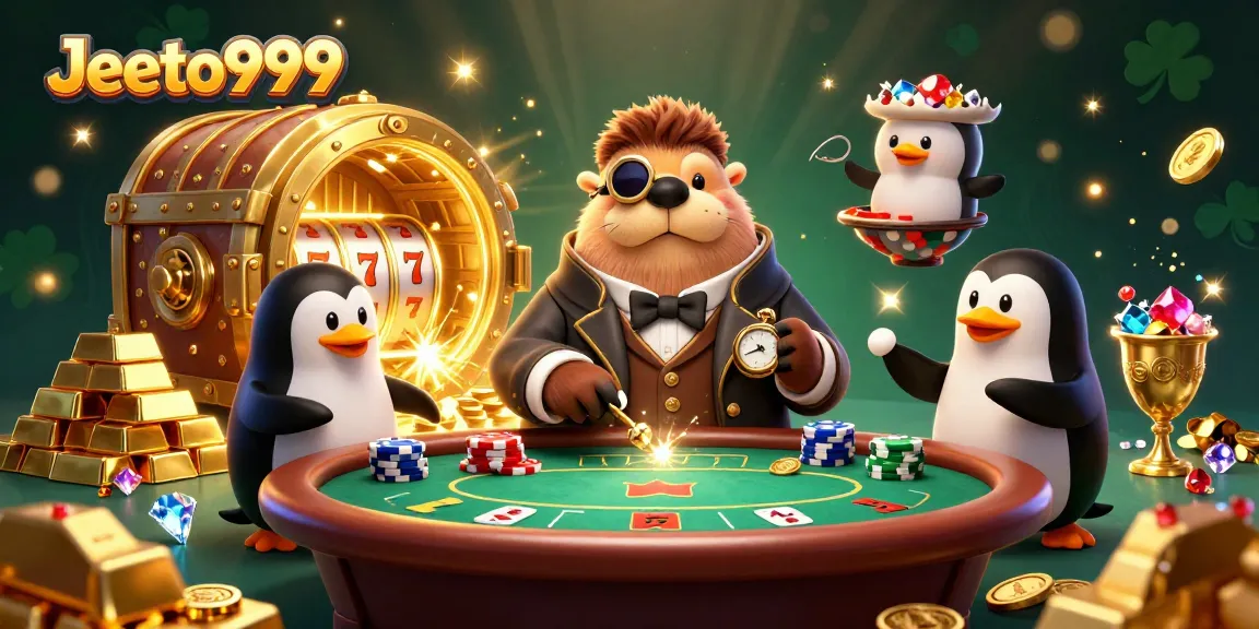 Jeeto999 showcases a lively underwater poker scene, featuring a walrus player, penguin dealer, and pufferfish amidst sparkling treasures.