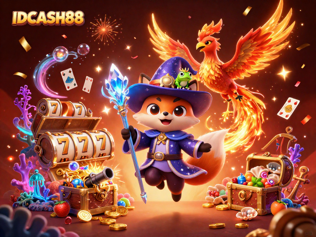 Engage with IDCASH88 platform featuring a mystical wizard, phoenix, and gems in a vibrant online casino scene.