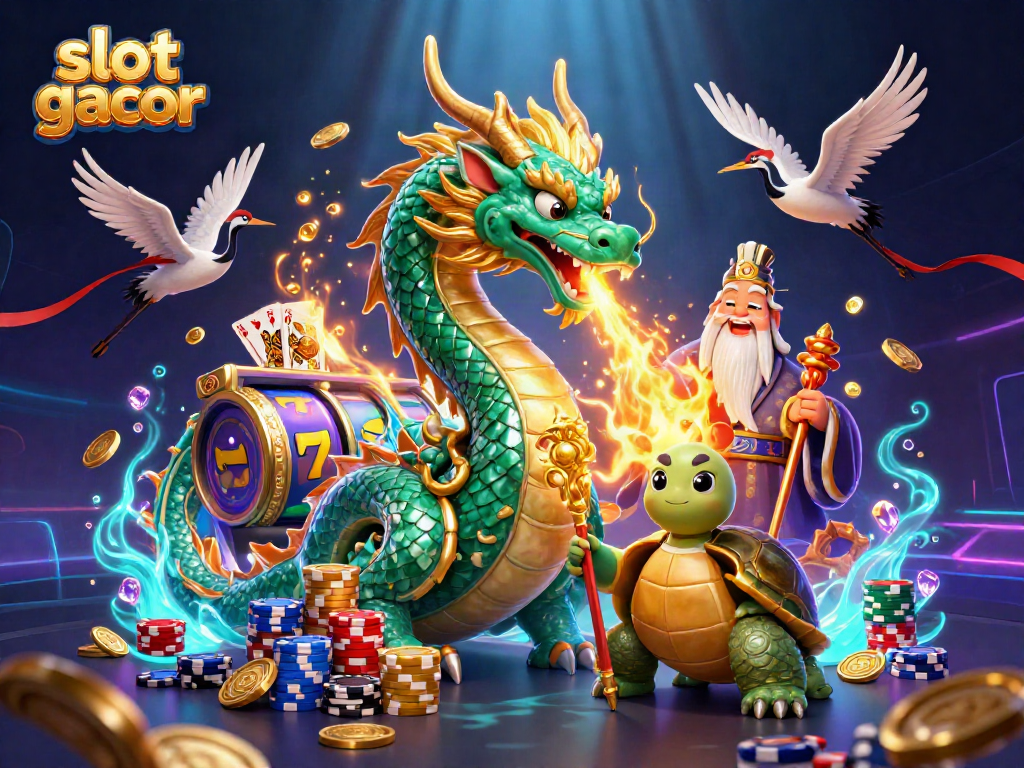 Slot gacor menampilkan naga jade dan kura-kura bijak dalam dunia kasino yang ramai.