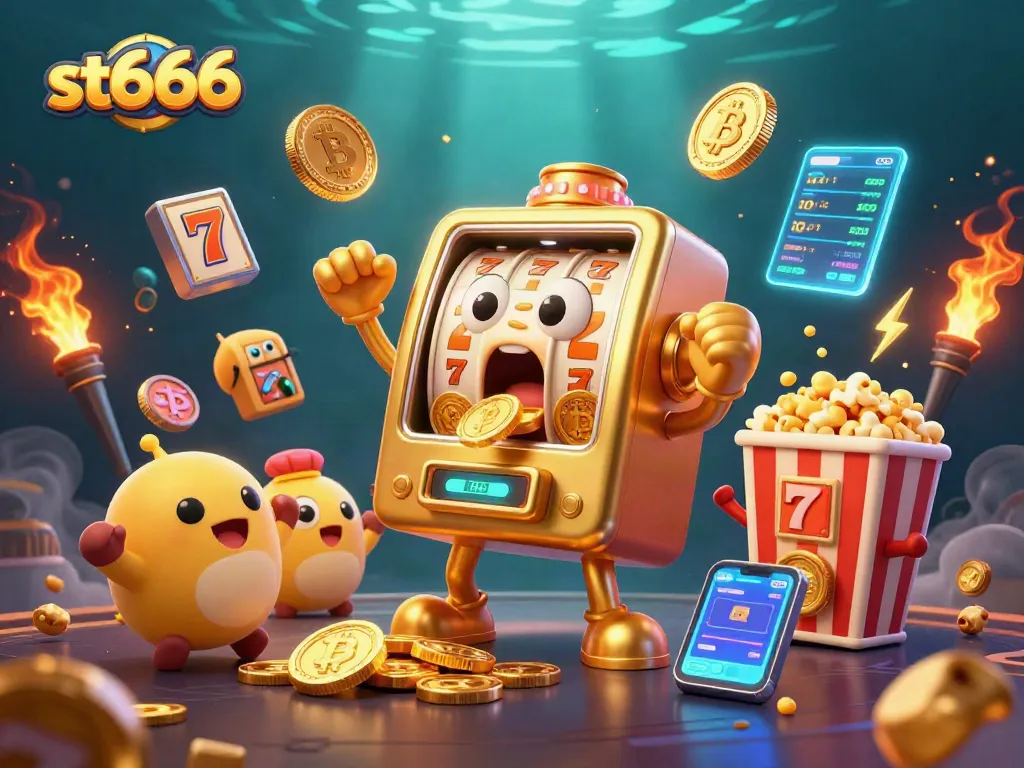 Spin the reels at st666 with exciting jackpot wins and glowing cryptocurrency elements in a vibrant 3D casino scene.