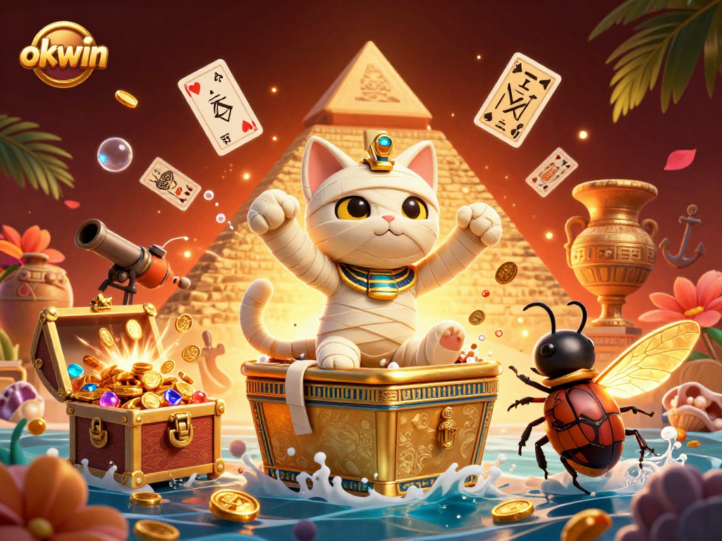 Engage in thrilling action with okwin as the Egyptian mummy cat bursts into the pyramid casino scene.