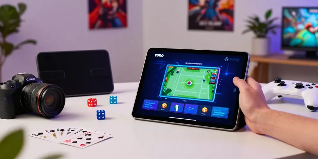 Enjoying immersive gameplay on Yono Arcade app with vibrant accessories in cozy atmosphere.
