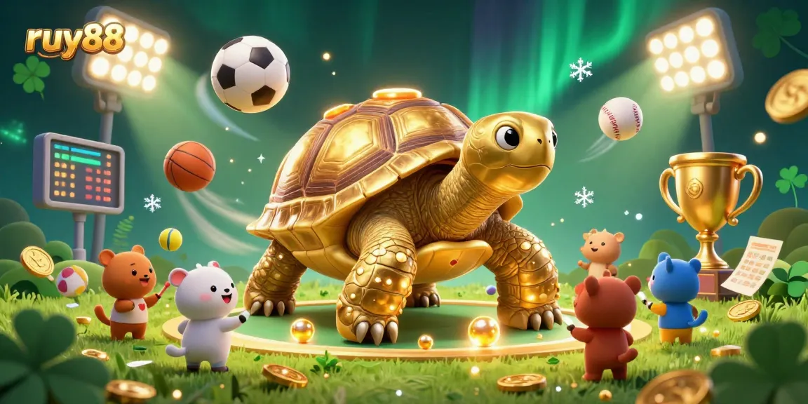 Experience thrilling gameplay at ruy88 with a vibrant 3D scene featuring a colossal pinball tortoise and dynamic sports elements.