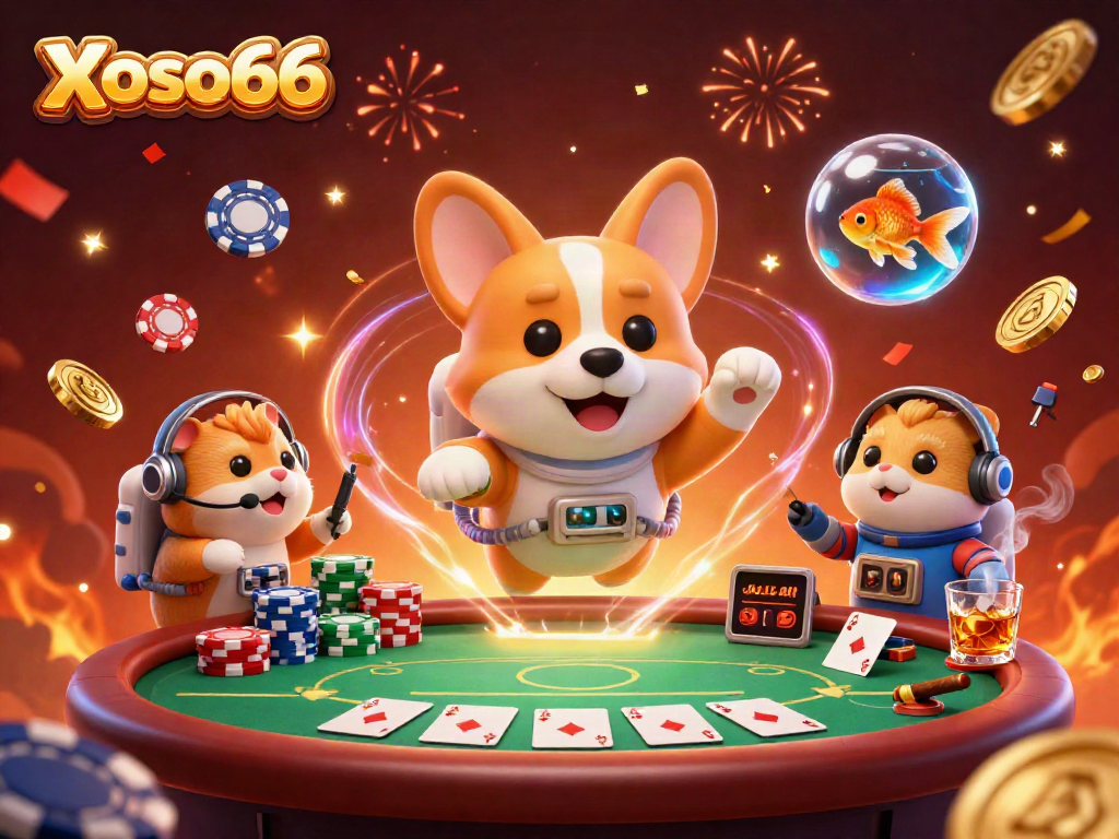 Xoso66 showcases an ultra-detailed space casino scene with a corgi astronaut, chips, and confetti, embodying playful gambling energy.