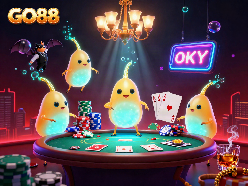 Experience the thrilling action of GO88 with vibrant poker elements and enchanting glowworms in a cavernous casino.