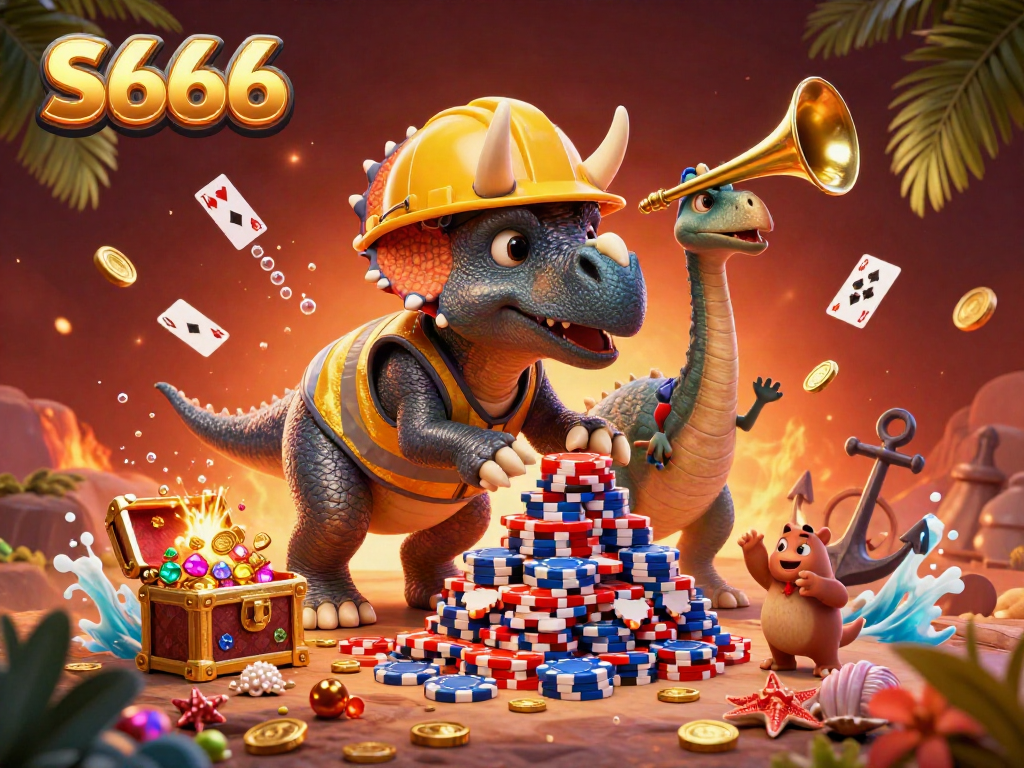 Experience exciting wins at S666 with a vibrant scene of animated characters celebrating over poker chips.
