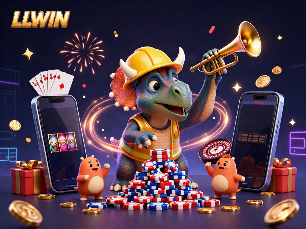 Celebrate winnings at LLWIN with a vibrant 3D casino scene showcasing slots and poker chips.