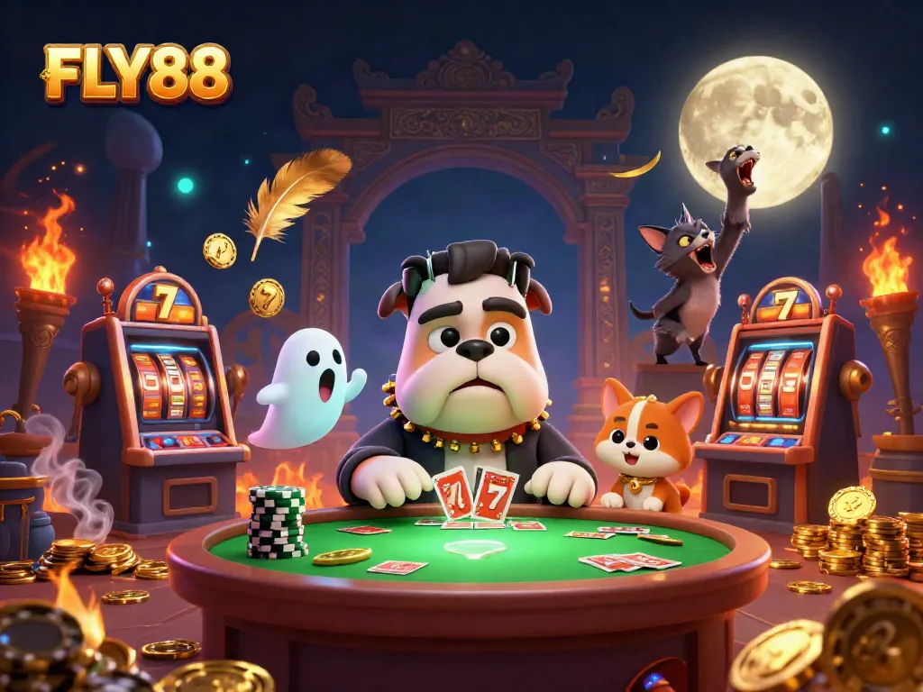 Experience the thrilling atmosphere of FLY88 with lively characters at a casino table.