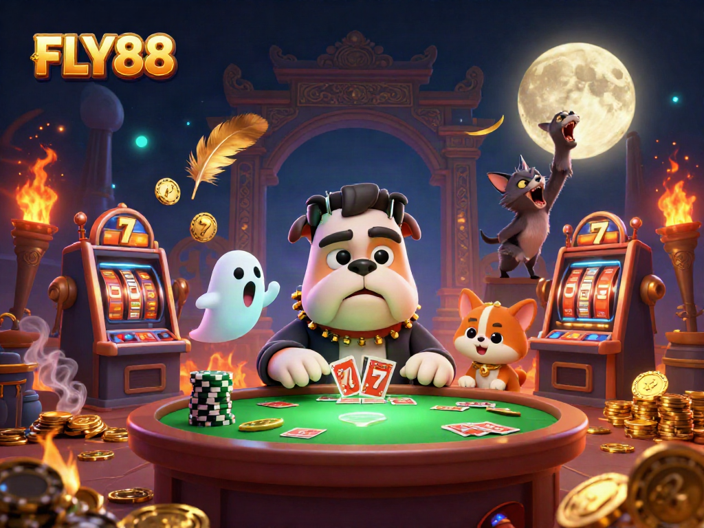 Experience the thrilling atmosphere of FLY88 with lively characters at a casino table.