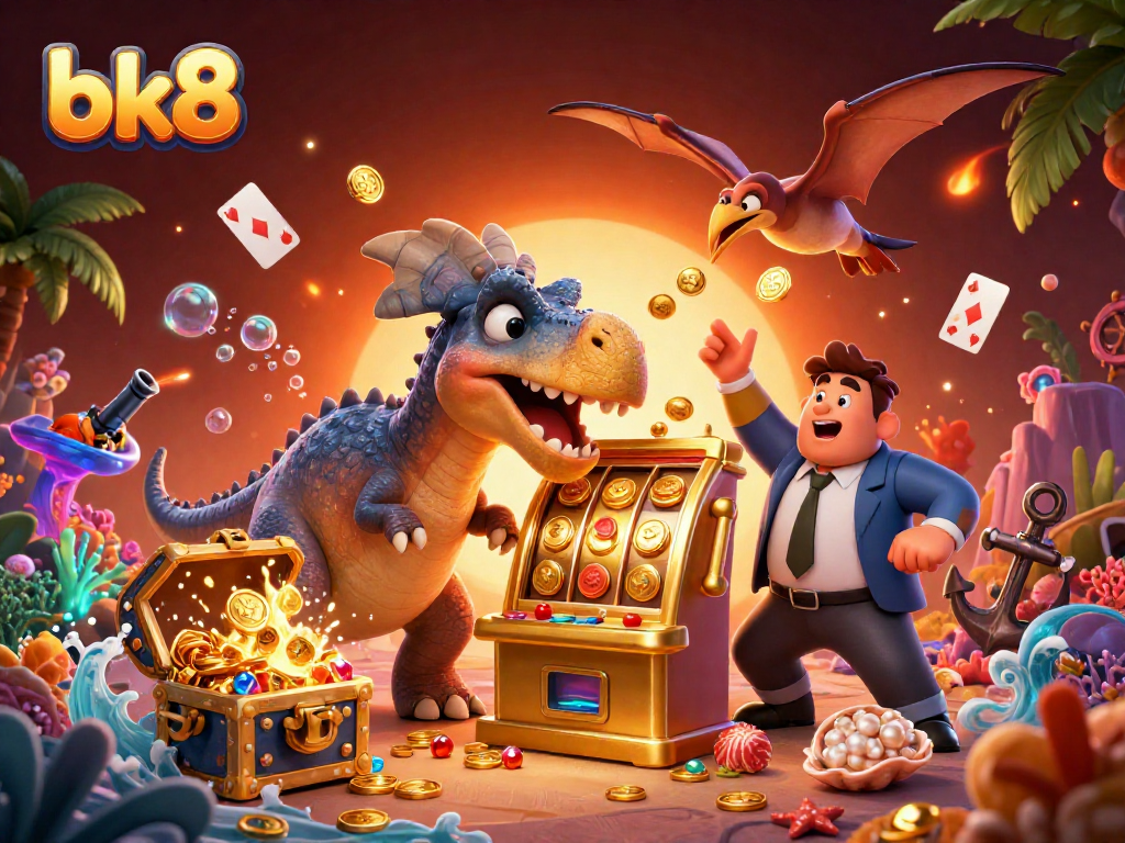 Spin to win at bk8 as a cartoon dinosaur hits a slot machine, showering coins in vibrant chaos.
