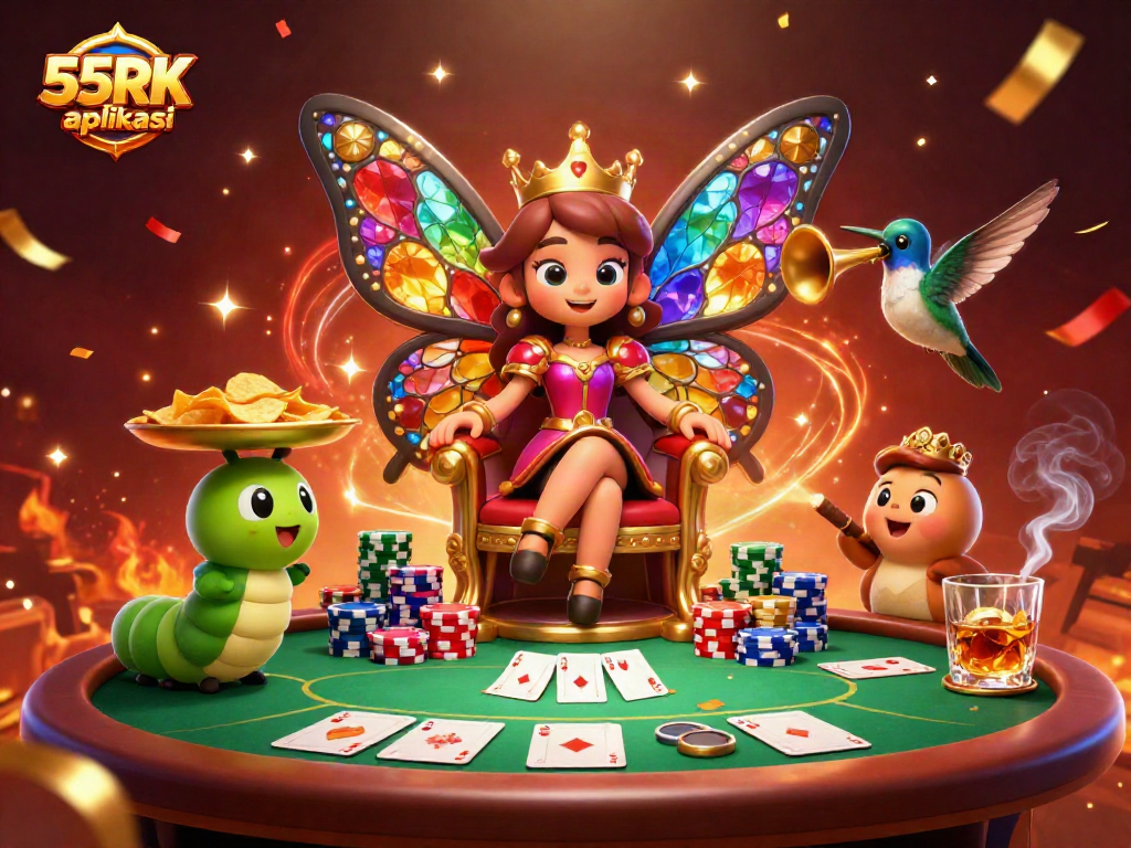 Engage with the 55RK aplikasi casino scene, showcasing a vibrant poker table brimming with excitement.
