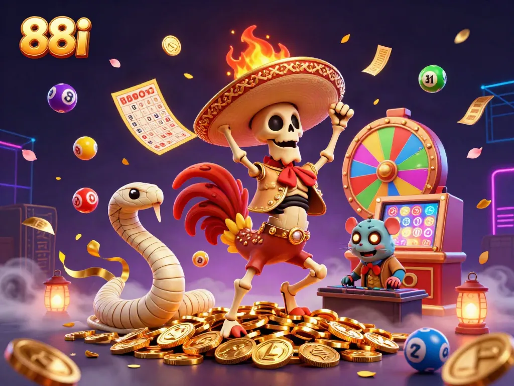 Experience 88i's vibrant casino world with a dynamic 3D scene of celebratory characters and joyful gambling elements.