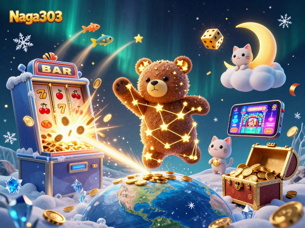 Naga303 menghadirkan ilustrasi kasino yang memikat dengan beruang berkonstelasi dan mesin slot meledak jackpot.