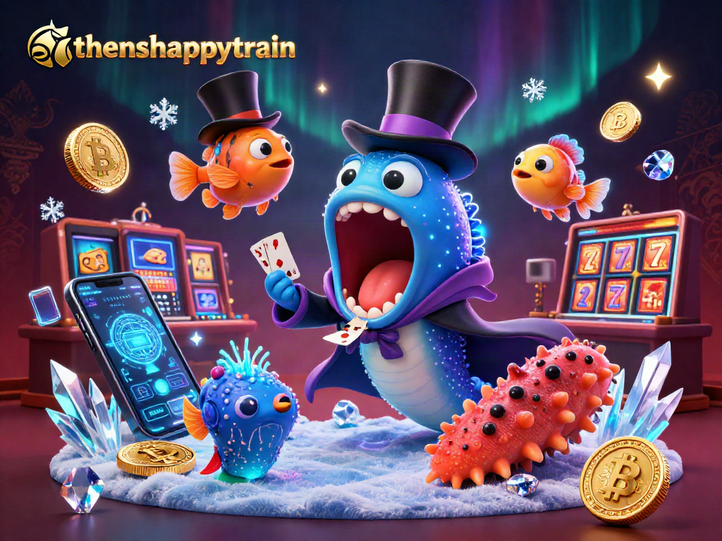 Experience thrilling gaming magic with athenshappytrain's vibrant casino scene featuring crypto elements.