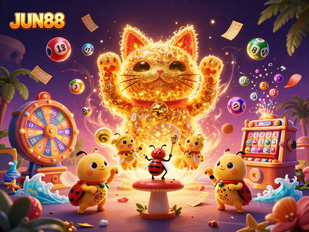 Experience the thrill of JUN88 with a lucky cat and dynamic gaming elements in vibrant colors.