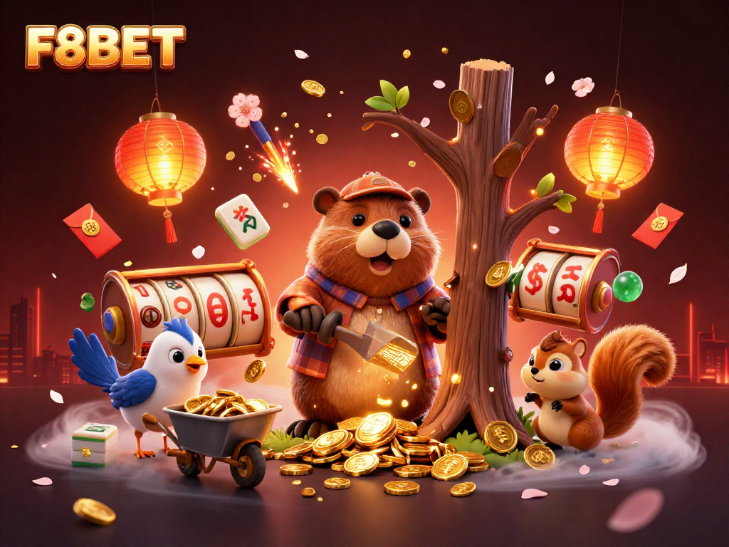F8BET gamblers enjoy fortune with animated characters, golden coins, and vibrant casino elements.