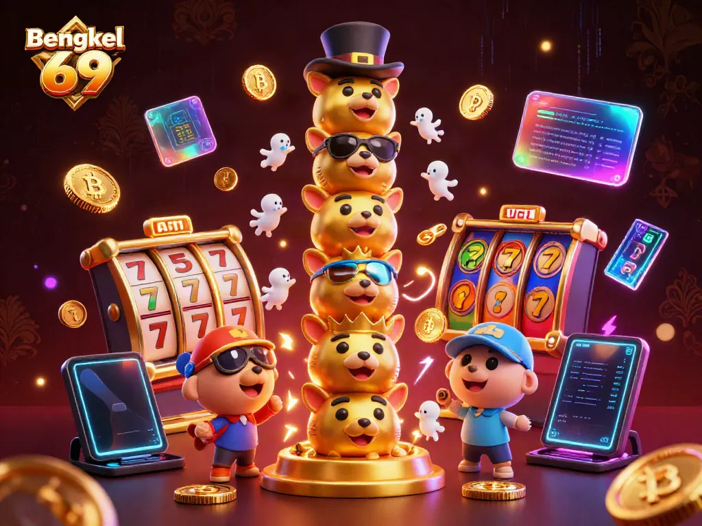 Engage in exciting gameplay at Bengkel 69 with vibrant slot machines and animated casino elements.